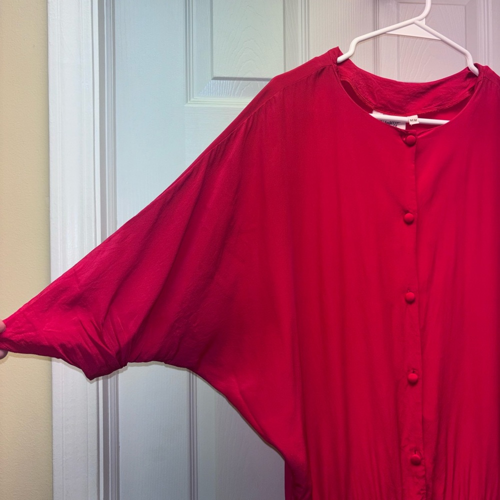 Nancy Anderson Pure Silk Red Midi Dress | Button Front | Size M/M - Picture 2 of 8